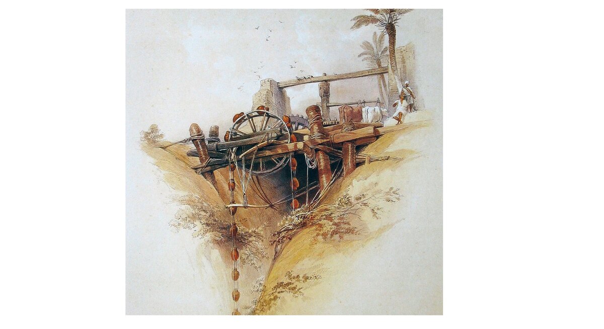 Водяное колесо, используемое для орошения в Нубии // Иллюстрация: Дэвид Робертс, 1838 г. 