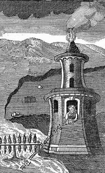 Шут Лакоста - комендант острова Гогланд - выглядывает из башни маяка. Фрагмент немецкой гравюры.