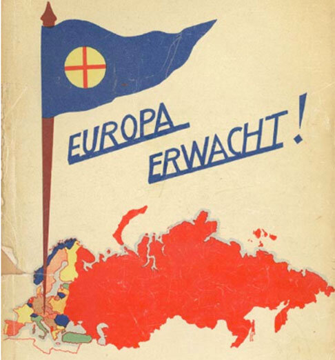 Объединенная Европа (вместе с территорией России) под флагом Коденхов-Калерги.  Рисунок 1930-х годов.