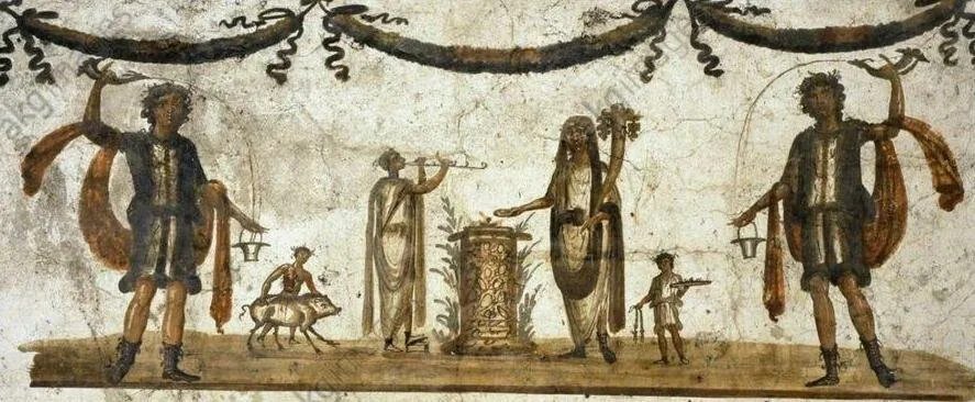 Роспись Ларария со сценой жертвоприношения (возлияния) на алтаре