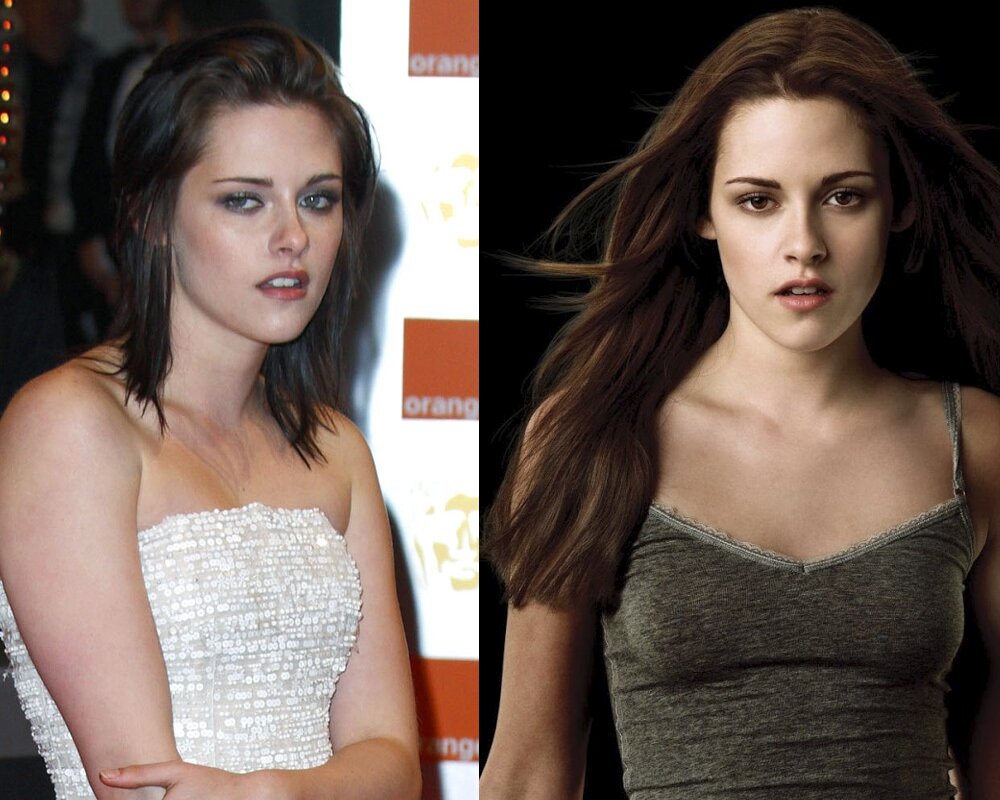 Слева Кристен Стюарт - на красной дорожке, справа - фотосессия для "Сумерек"