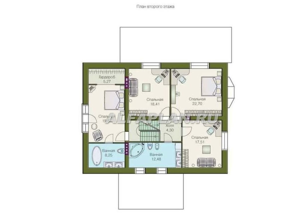 Планировка дома по проекту "Норд" 85А. 2 этаж: 

2 этаж мансардный и имеет два уровня. На нижнем, над гаражом размещена мастер- спальня со своей ванной и гардеробной, на верхнем – еще 3 просторные спальни и ванная комната.