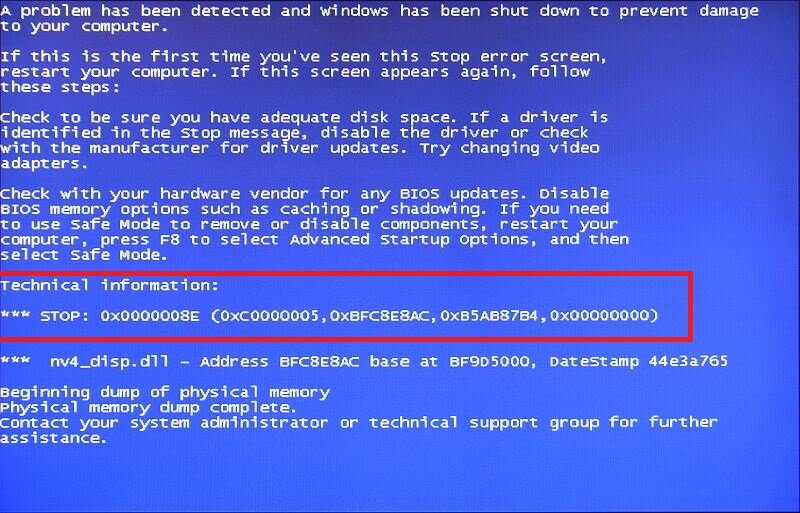 Пример синего экрана смерти или BSOD 