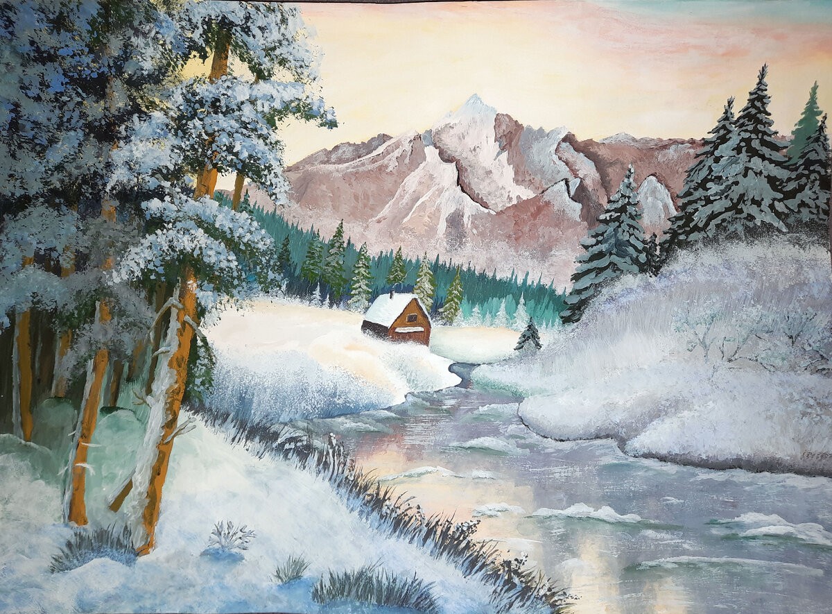 рисунок гуашью домик в горах