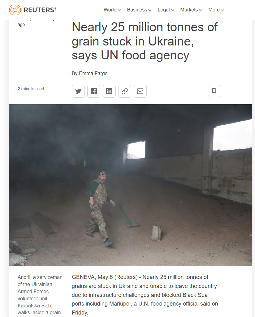 Reutres жалуется на то, что 25 миллионов тонн зерна не могут вывзти с Украины, в том числе и из Мариуполя (интересно, кто нибудь рассказывал им о том, как ВСУ брали в заложники моряков с балкеров и лихтеровозов, стоящих в Мариуполе?) фото их же, reutrs.