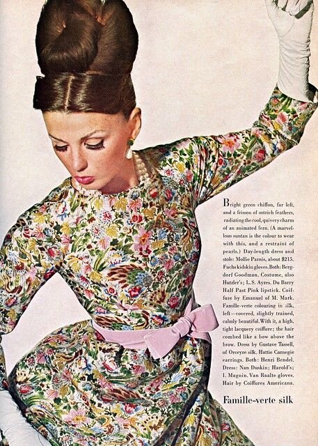 2. Dorothea in a beautiful print 'famille-verte' silk dress by Gustave Tassell, earrings by Hattie Carnegie, photo by Penn, Vogue US, March 1963.