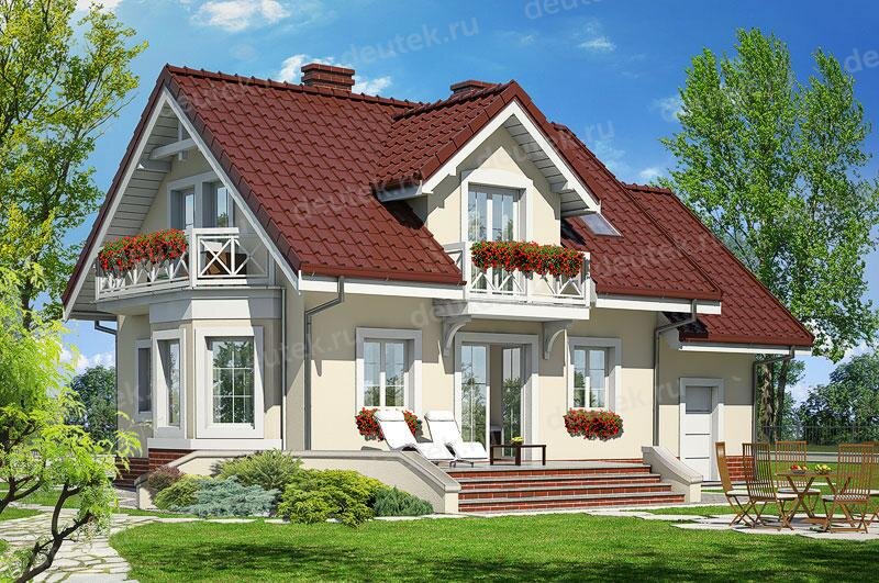 Проект двухэтажного дома 131 м2 с мансардой, гаражом, балконом и террасой - DTV100083