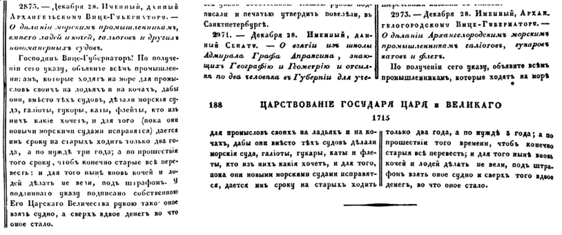 Указы 1714 года № 2873  и 1715 года № 2873 // Полное собрание законов Российской империи. 1830. Т. V  
