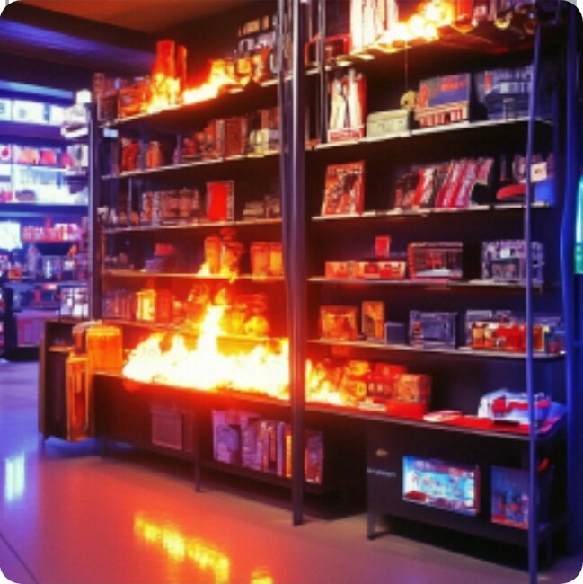 Так маленький пожар в магазине видит нейросеть Шедеврум.