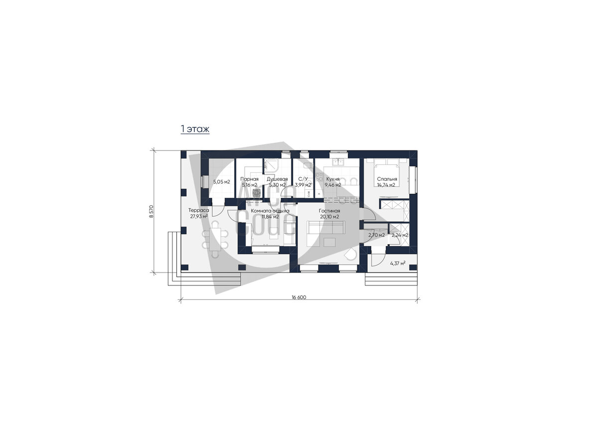 Проект компактного одноэтажного дома с тремя комнатами | ArchCode |  Проектирование домов | Дзен