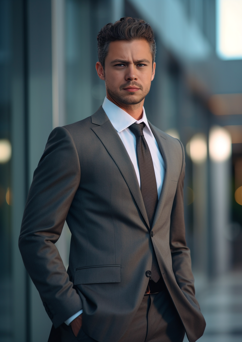 Мужской деловой образ из каталога. Фотосессия на улице. Оригинальное изображение, сгенерированное ИИ, с последующей заменой лица. 