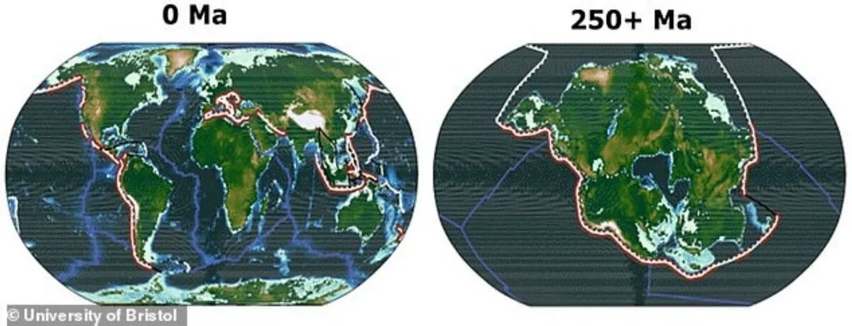 На рисунке показана география сегодняшней Земли (слева) и ожидаемая география Земли через 250 миллионов лет, когда все континенты сойдутся в один суперконтинент (Пангея Ультима). Фото:  UoB