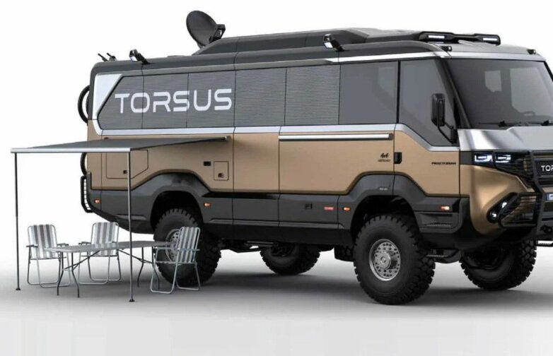 Кемпер на стоянке с раскрытым навесом. Пока что это рендер.