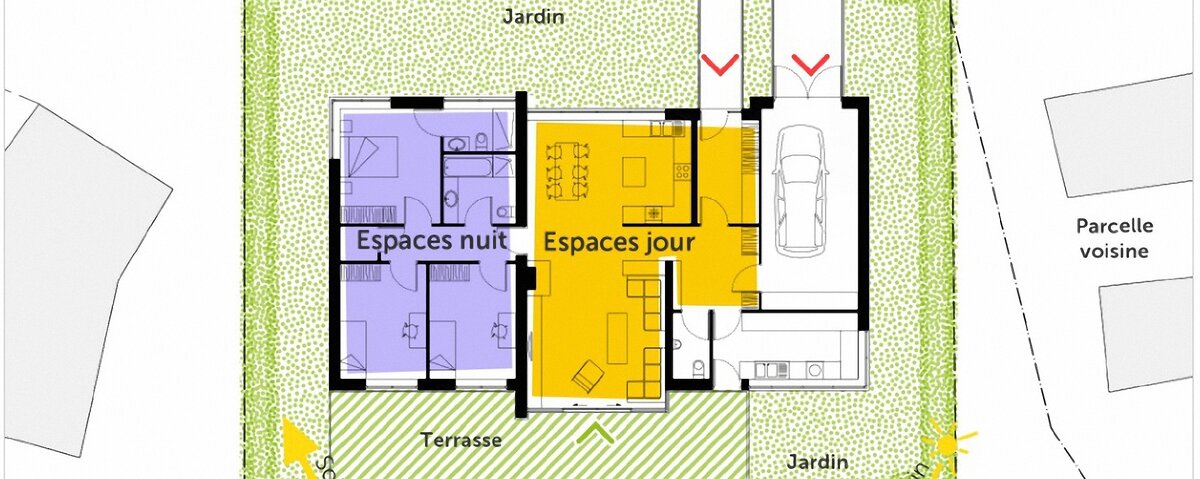 Источник: https://construction-maison.ooreka.fr/plan-maison/voir/566503/plan-de-maison-contemporaine-de-plain-pied-avec-3-chambres