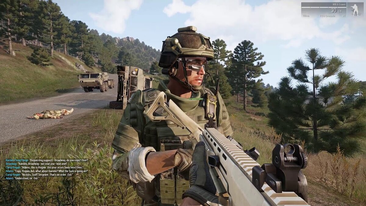 На заднем плане видны последствия взрыва и сам Адамс.