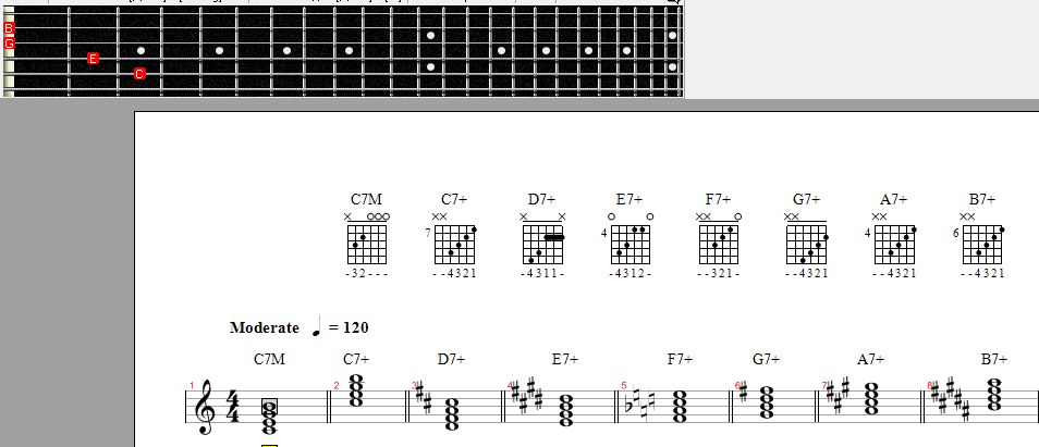 Большие септаккорды на нотах. Табулатура.