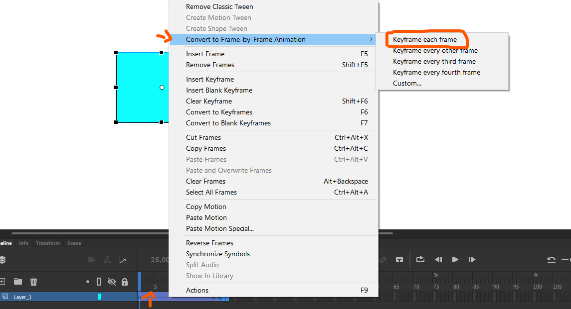 выделяешь кадры с твином, ПКМ - конвертировать в покадровую анимацию.