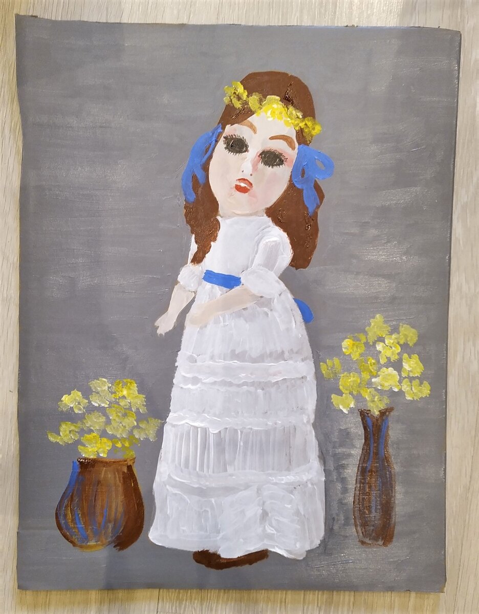 Рисунок Дама в белом платье в венке.