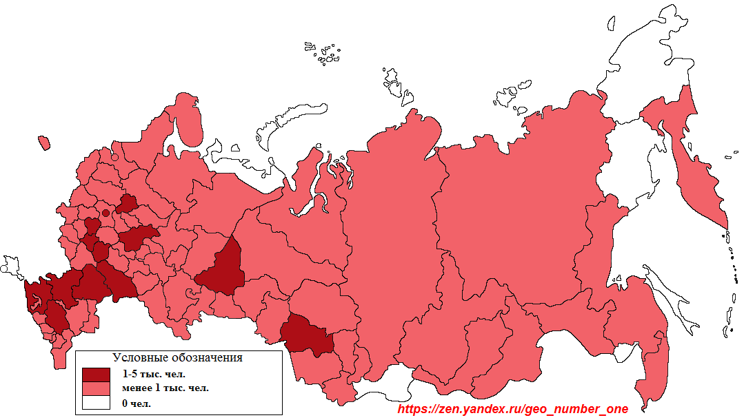 Численность езидов в субъектах РФ, 2010 г. (составлено автором). По Севастополю и Крыму данных нет