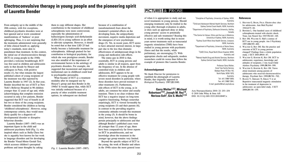 Walter, G., Robertson, M., Rey, J. M., Soh, N., & Malhi, G. S. (2010). Electroconvulsive therapy in young people and the pioneering spirit of Lauretta Bender. Acta Neuropsychiatrica, 22(5), 253-254
