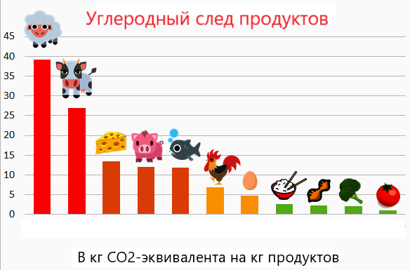 Углеродный след 1 кг баранины и говядины очень высокий, а 1 кг овощей — низкий.