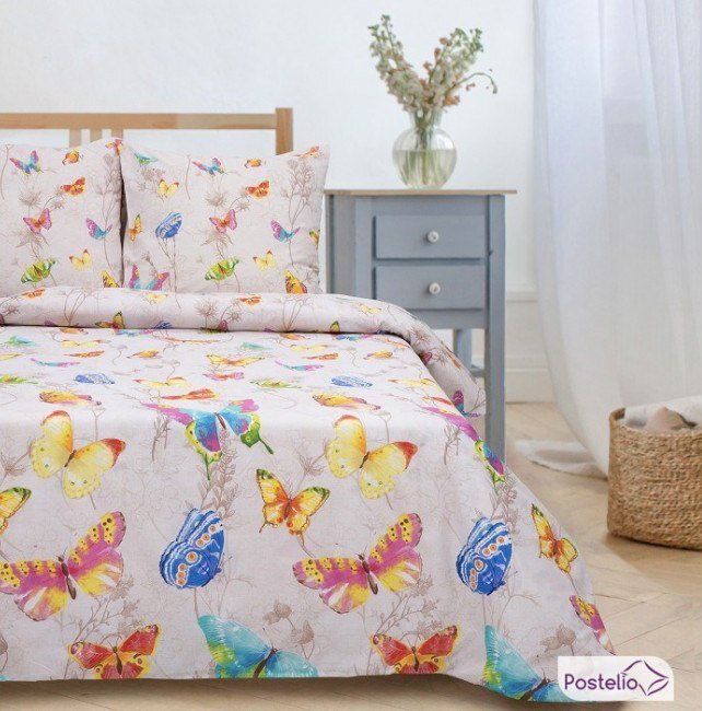 Простыня — 200×200 см, пододеяльник — 175×215 см, 2 наволочки — 70×70 см; материал — поплин, состав — 100 % хлопок