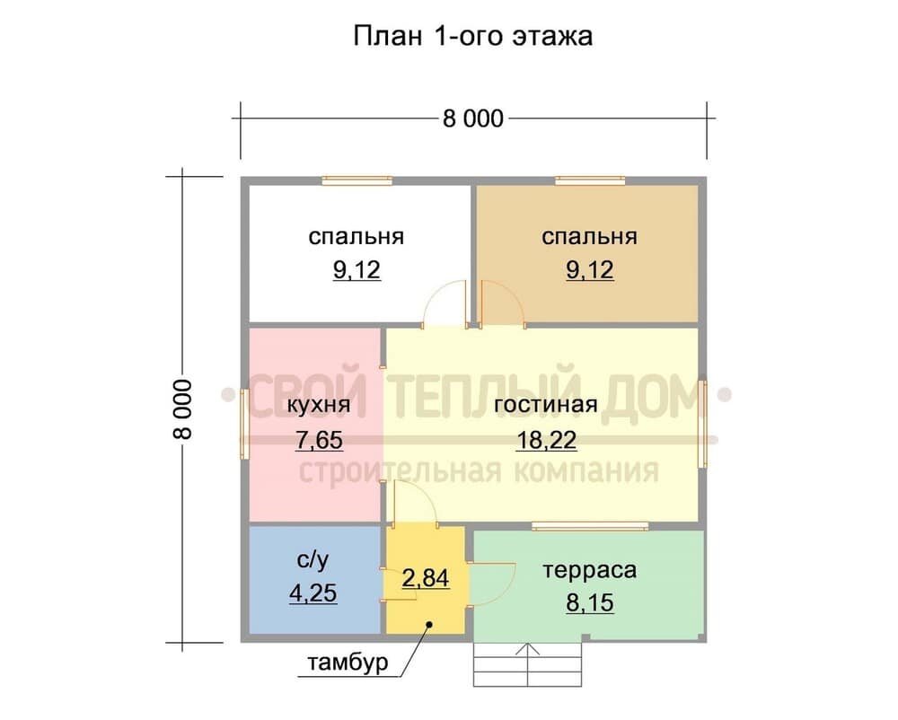 Планировка небольшого одноэтажного дома с двумя спальнями и кухней гостиной