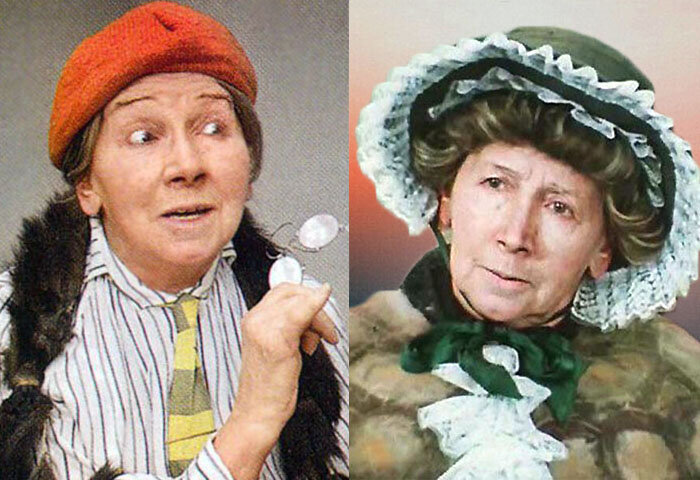 Кадры из фильмов "12 стульев" и "Золотой ключик" с участием Рины Зеленой