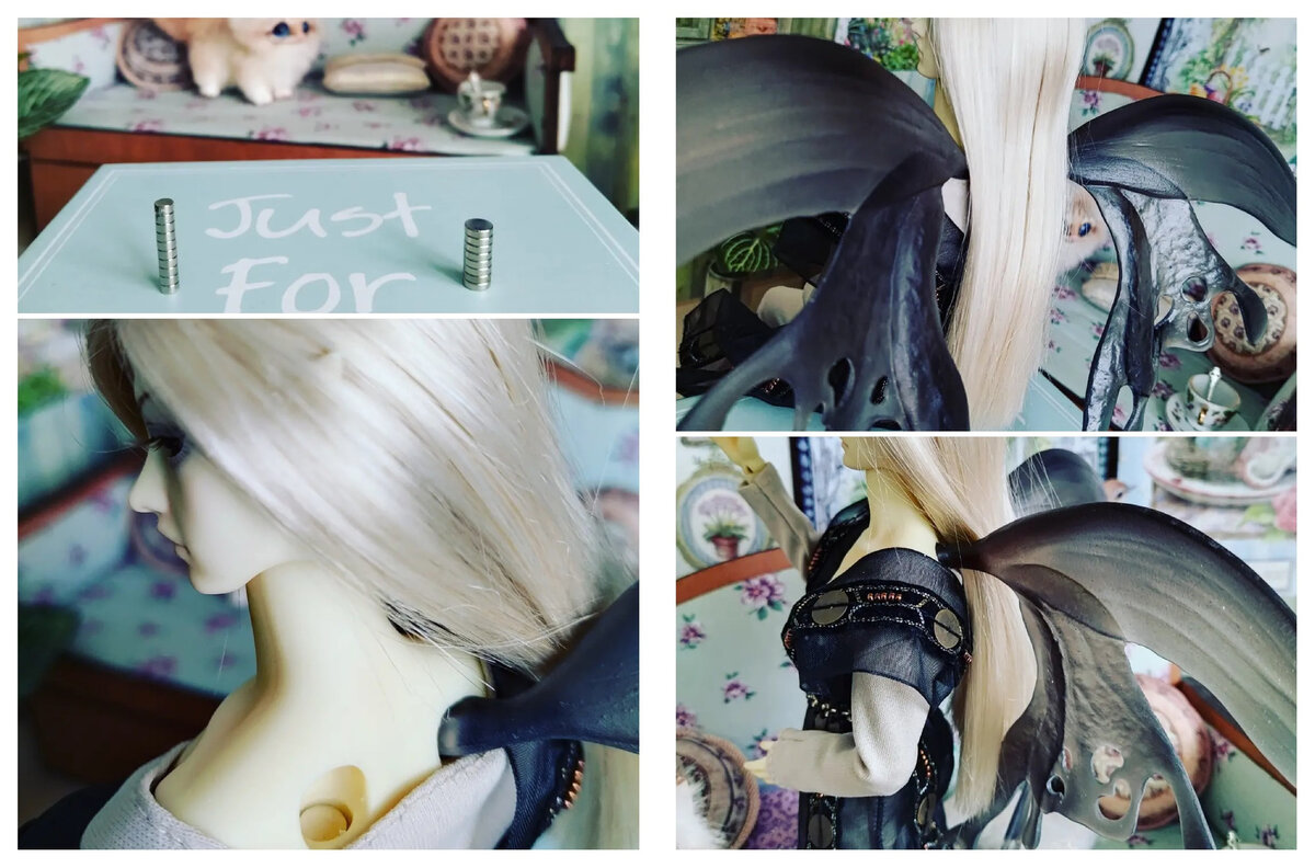 Для того, чтобы крылья держались, нужно вклеить магнитики в углубления на спине