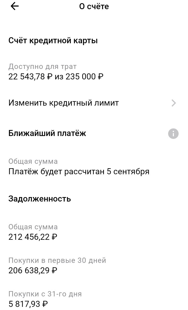 Информация о счёте моей кредитной карты "Целый год без процентов" от Альфа-банка, часть 1. Дата: 12.08.2023
