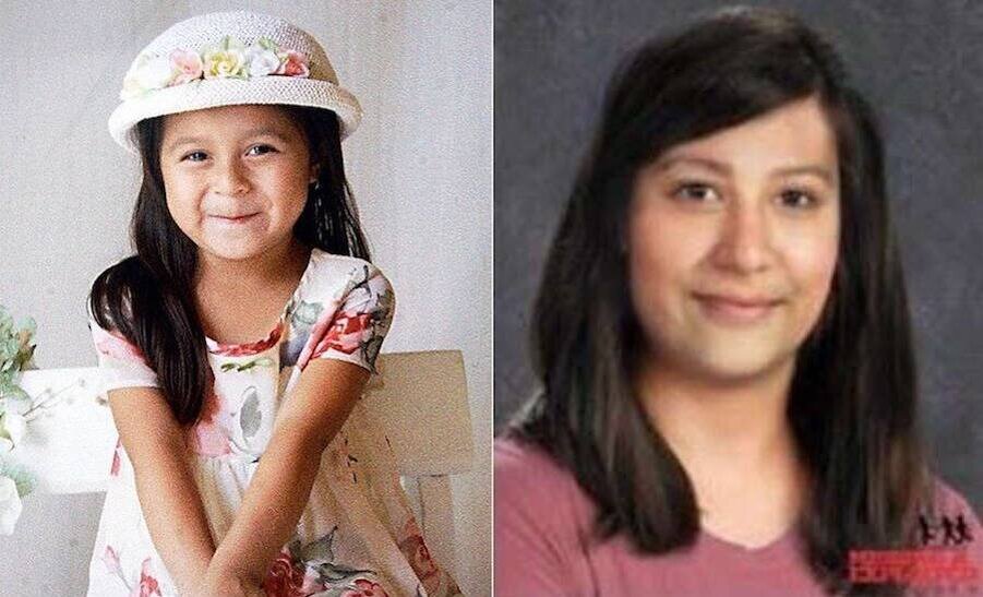 София Хуарес в возрасте четырех лет (слева) и с цифровым возрастным прогрессом до 23 лет (справа).