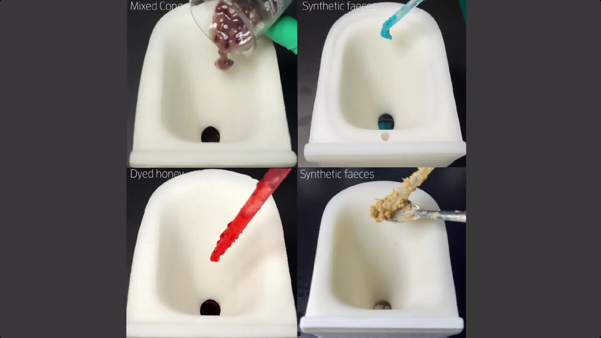 Испытание покрытия на 3D-модели унитаза, который примерно в 10 раз меньше полноразмерной версии.