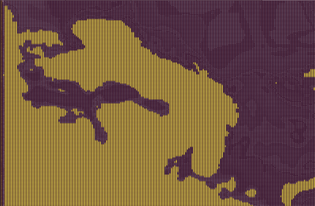 Фрагмент карты, шрифт 5 пунктов. При работе, конечно, шрифт побольше. Выделены нули, это суша.