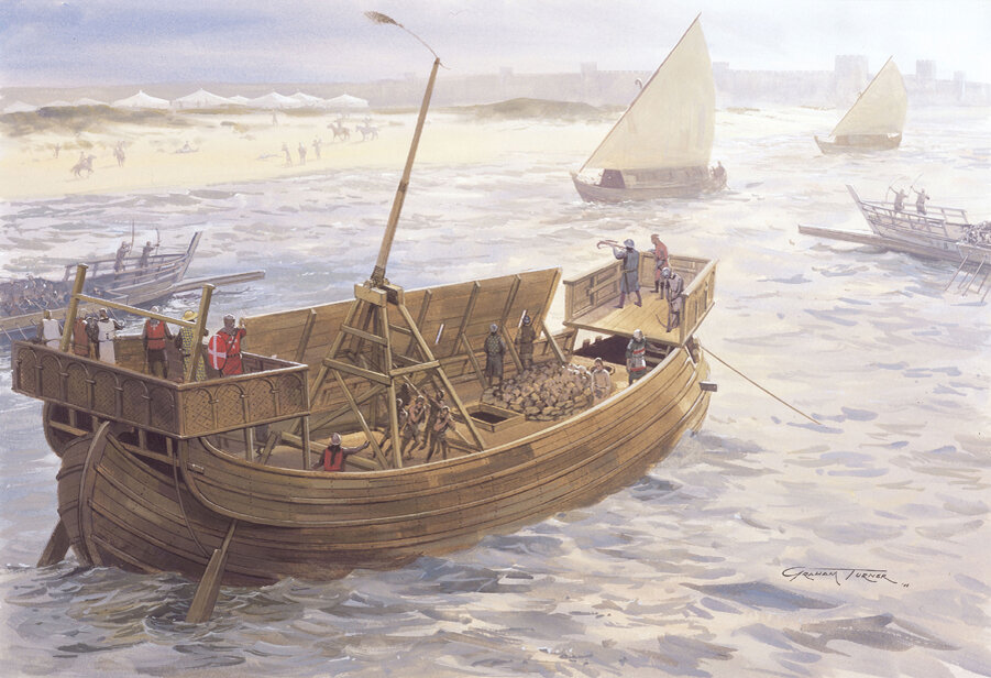 Крестоносцы с моря атакуют лагерь мамлюков, Акра 1291. Художник: Graham Turner