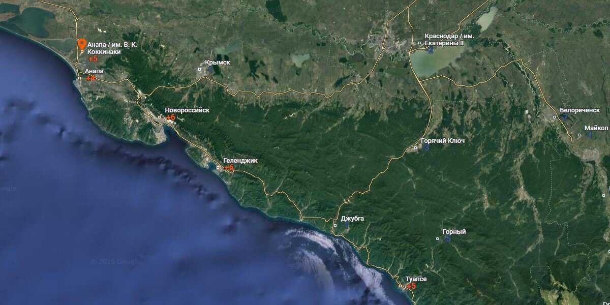 Побережье от Анапы до Туапсе, температура зимой 2019 года (скрин с Google карт)