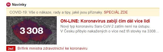 Пример, как работают СМИ.  Чешский портал дает загоовок "Коронавирус убивает все больше людей". А на иллюстрации общее число инфицированных в стране, но не число жертв, которое составляет 32 человека.