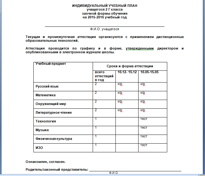 Индивидуальный учебный план по предмету