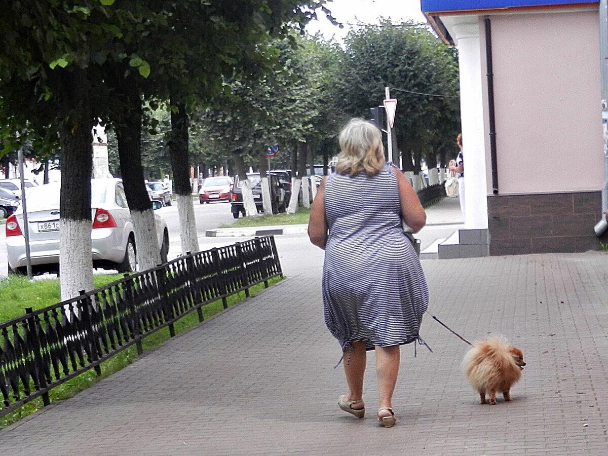 Тетушки толстого. Дама с собачкой на прогулке. Толстая женщина на улице.