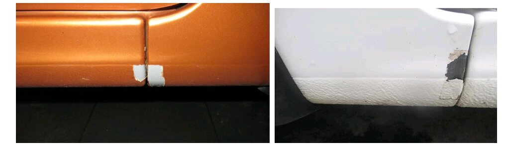 Отслоение нижних слоёв ЛКП с панели порога кузова автомобиля (левая и правая сторона), а также с панели переднего крыла (левая и правая сторона).