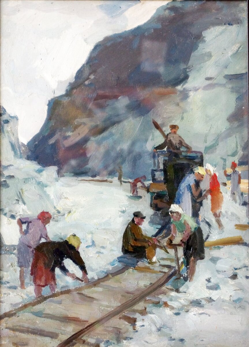 Караваев Василий Иванович Строительство железной дороги в карьере 46х33 картон масло 1960 г  