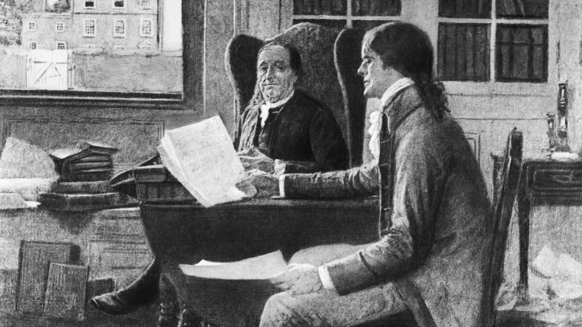 Томас Джефферсон читает Бенджамину Франклину черновик  Декларации независимости. Архив Беттманна / Getty Images