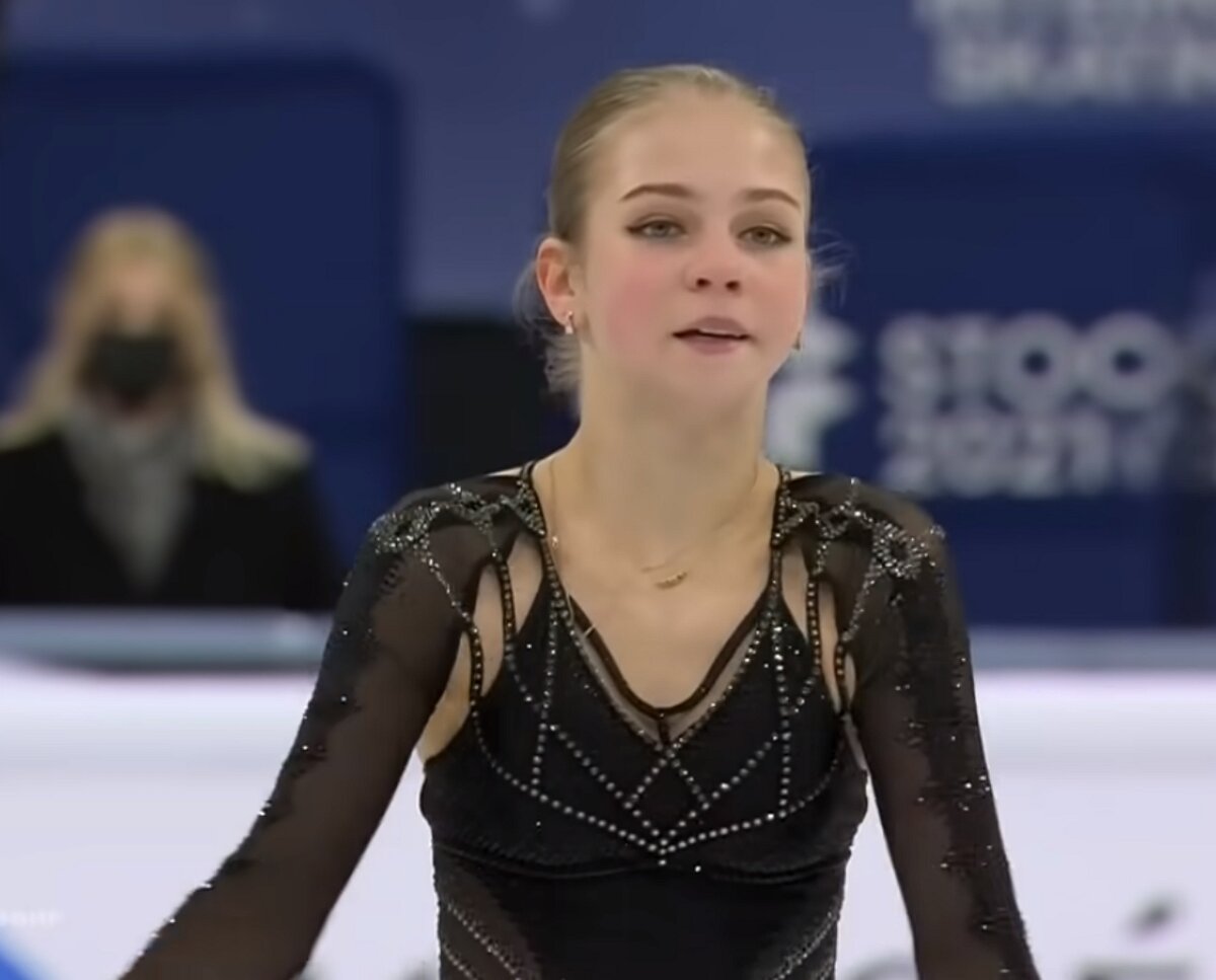 Александра Трусова после проката произвольной программы на ЧМ 2021. Источник фото: Первый канал