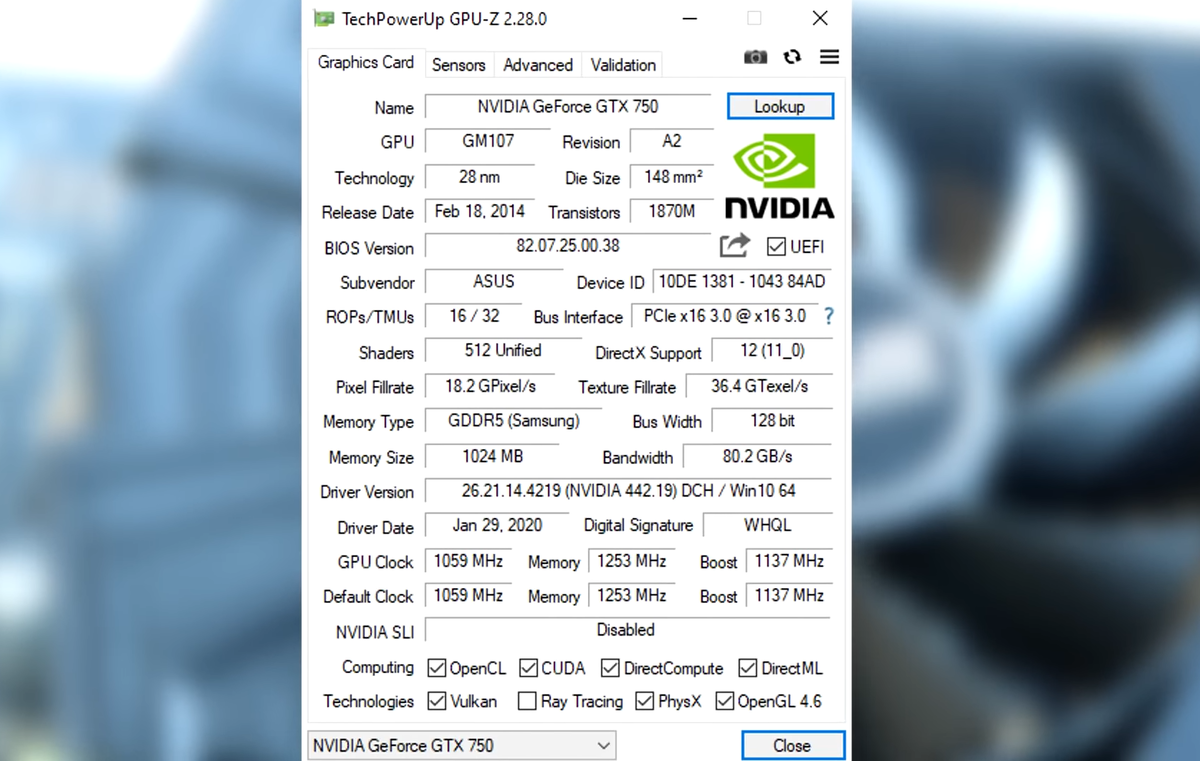 Характеристики ASUS GTX 750 1 ГБ