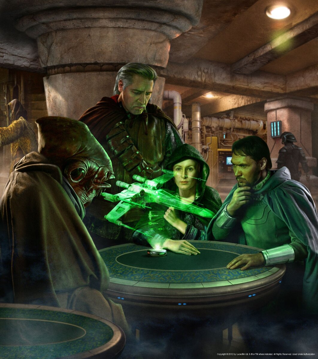 Гарм Бел Иблис, Мон Мотма и Бейл Органа изучают новейшую разработку фирмы Incom —истребитель T-65 "Крест".