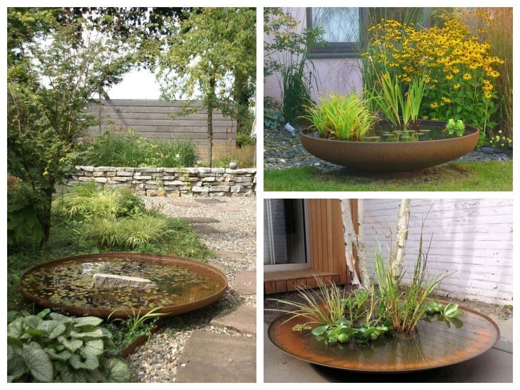    Берем максимально большую емкость, наливаем воду, ставим водные растения в горшках — готово!