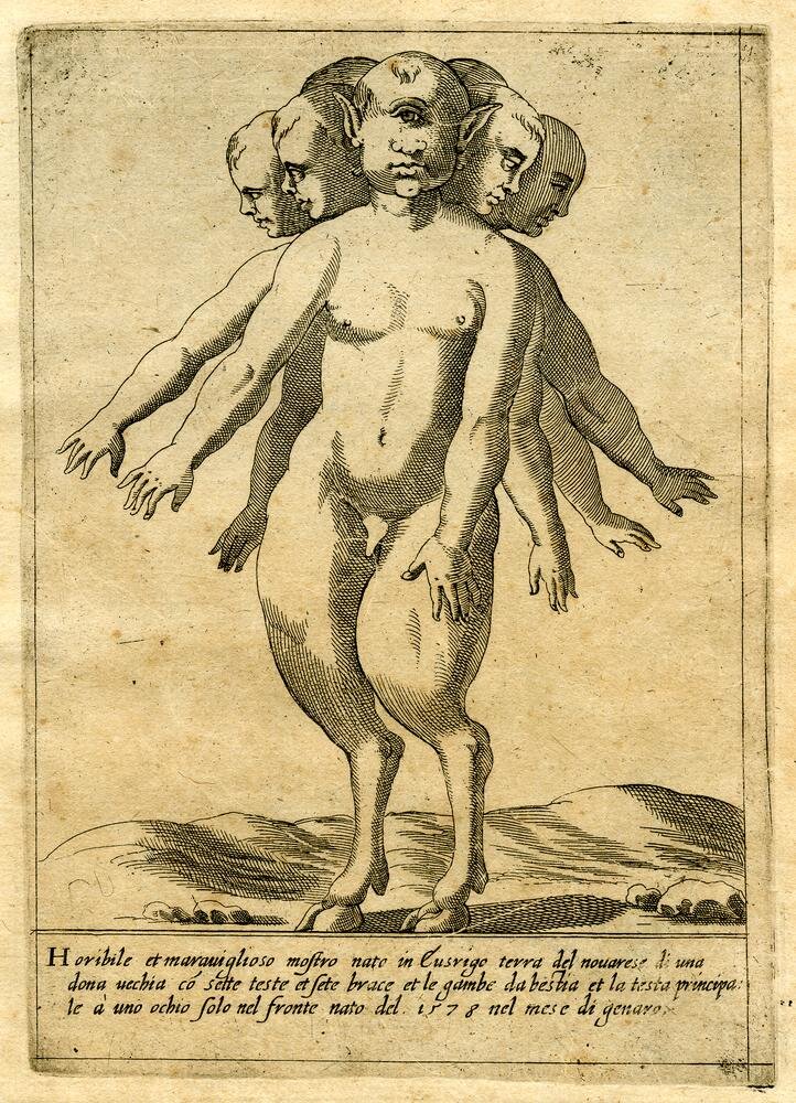 Молодая мужская фигура с раздвоенными ногами, многими руками и головами стоит на фоне пейзажа. 1585 год.