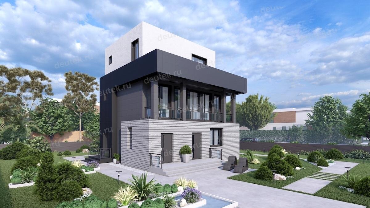 Проект трехэтажного дома 187 м2 с балконом в стиле ХАЙ-ТЕК - DTE-163