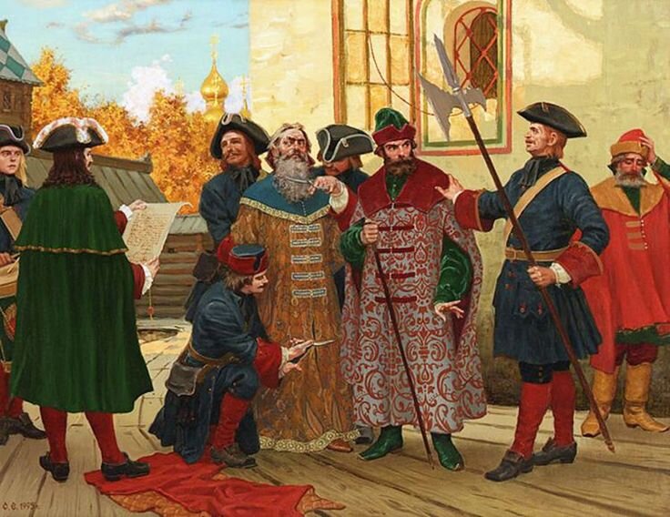 Стрижка длинных пол и бород при Петре I. Сергей Ефошкин, 1995 год. Источник: «Дилетант»