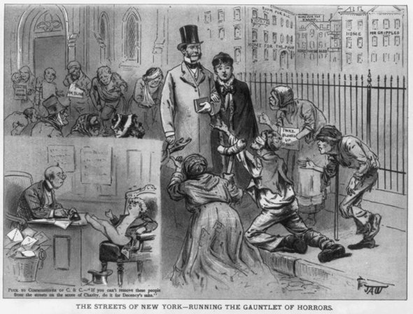    Слепые, калеки и нищие на улицах Нью-Йорка. Иллюстрация 1879 года. Фото: Puck / Library of Congress / Public domain