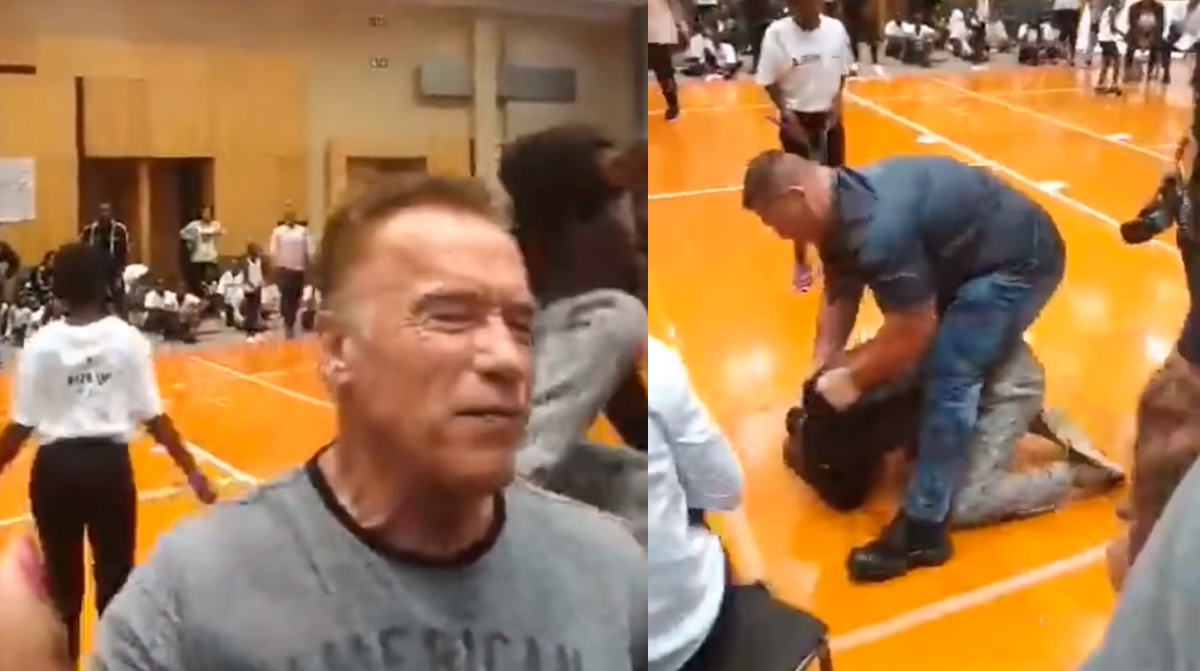 Неожиданный удар в спину, на левом фото, а на правом охрана скучивает нападающего